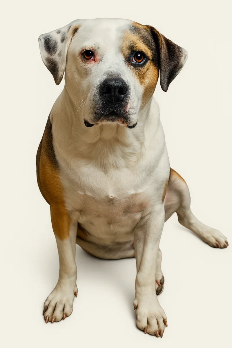 Otis, un American Staffordshire blanco con una mancha marrón en el ojo, sentado y mirando a cámara